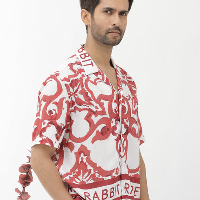 Rare Rabbit Mens Bordin Red Viscose Fabric Half Sleeves Cuban Collar Boxy Fit Abstract Print Shirt