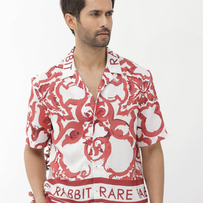 Rare Rabbit Mens Bordin Red Viscose Fabric Half Sleeves Cuban Collar Boxy Fit Abstract Print Shirt