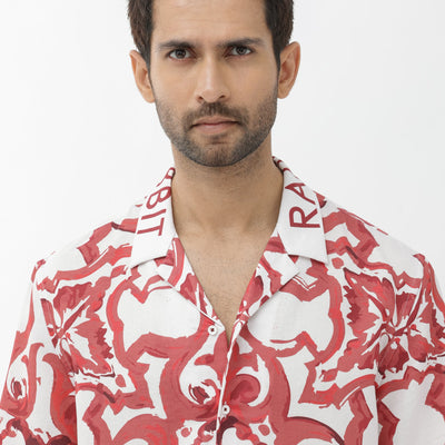 Rare Rabbit Mens Bordin Red Viscose Fabric Half Sleeves Cuban Collar Boxy Fit Abstract Print Shirt