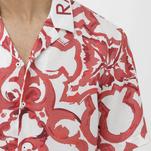 Rare Rabbit Mens Bordin Red Viscose Fabric Half Sleeves Cuban Collar Boxy Fit Abstract Print Shirt