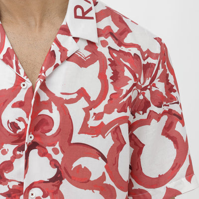 Rare Rabbit Mens Bordin Red Viscose Fabric Half Sleeves Cuban Collar Boxy Fit Abstract Print Shirt