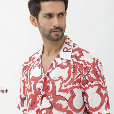 Rare Rabbit Mens Bordin Red Viscose Fabric Half Sleeves Cuban Collar Boxy Fit Abstract Print Shirt