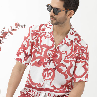 Rare Rabbit Mens Bordin Red Viscose Fabric Half Sleeves Cuban Collar Boxy Fit Abstract Print Shirt