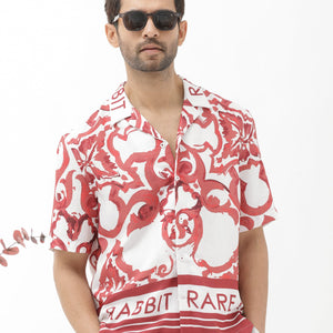 Rare Rabbit Mens Bordin Red Viscose Fabric Half Sleeves Cuban Collar Boxy Fit Abstract Print Shirt