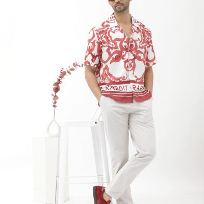 Rare Rabbit Mens Bordin Red Viscose Fabric Half Sleeves Cuban Collar Boxy Fit Abstract Print Shirt