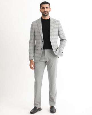 Rare Rabbit Men's Bostic Light Grey Polyester Viscose Fabric Peak Lapel Single Breasted Tailored Fit Houndstooth Check Blazer