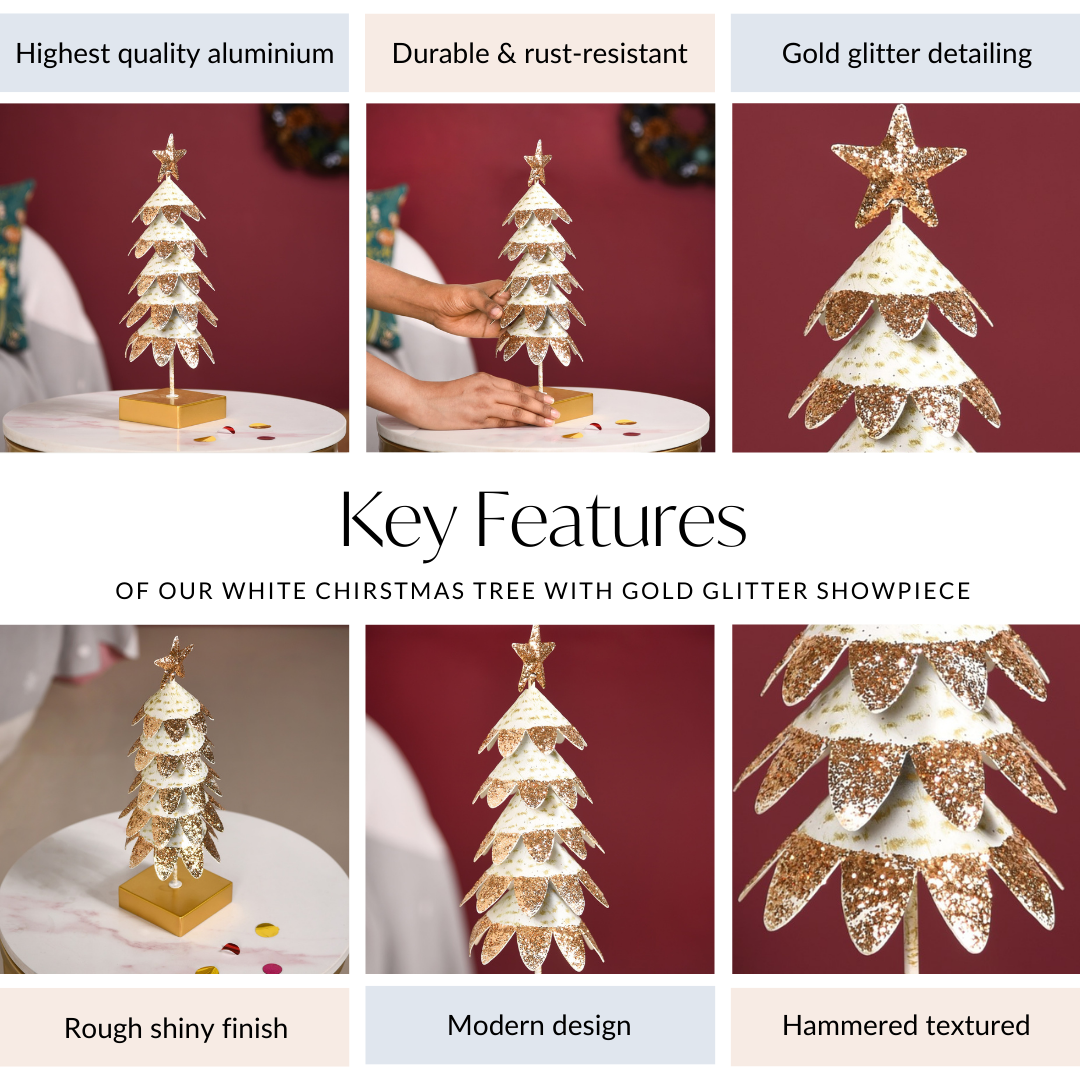 White Christmas Tree With Gold Glitter Showpiece