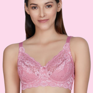 Non-Padded Non-Wired Full Cover Cotton Lace Support Bra - Wild Rose
