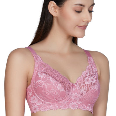 Non-Padded Non-Wired Full Cover Cotton Lace Support Bra - Wild Rose