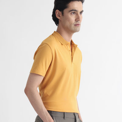 Rare Rabbit Men's Braidey Yellow Cotton Fabric Textured Collared Neck Half Sleeves Polo T-Shirt