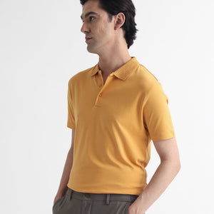 Rare Rabbit Men's Braidey Yellow Cotton Fabric Textured Collared Neck Half Sleeves Polo T-Shirt