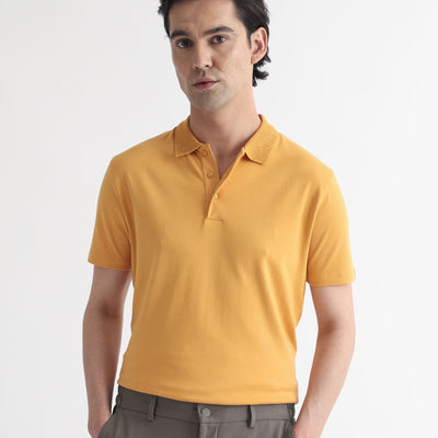 Rare Rabbit Men's Braidey Yellow Cotton Fabric Textured Collared Neck Half Sleeves Polo T-Shirt