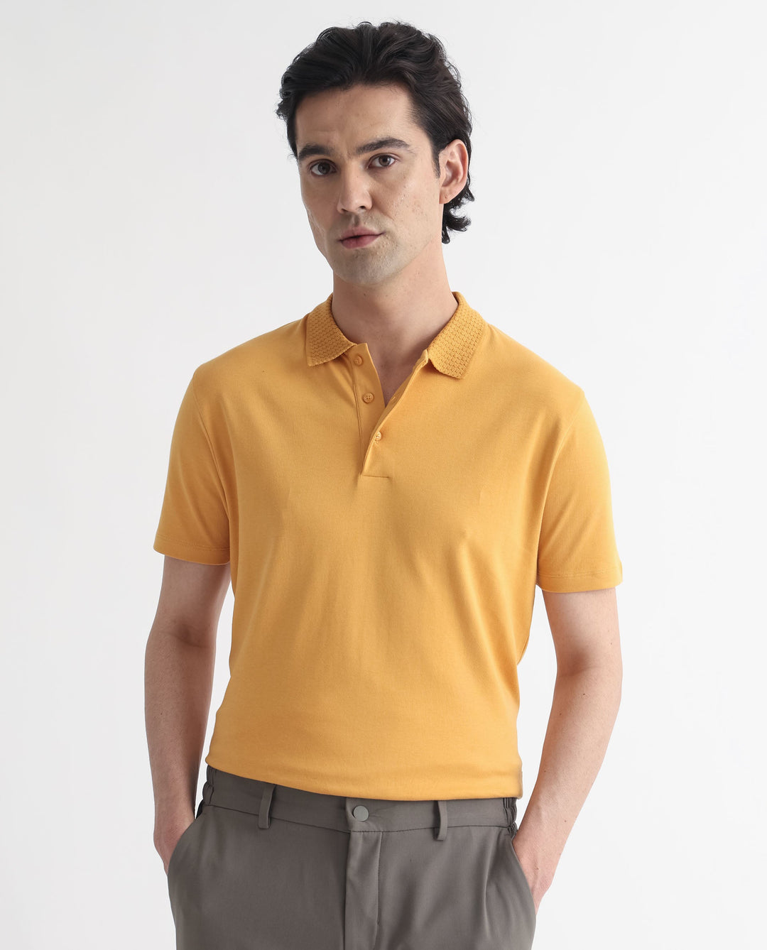 Rare Rabbit Men's Braidey Yellow Cotton Fabric Textured Collared Neck Half Sleeves Polo T-Shirt