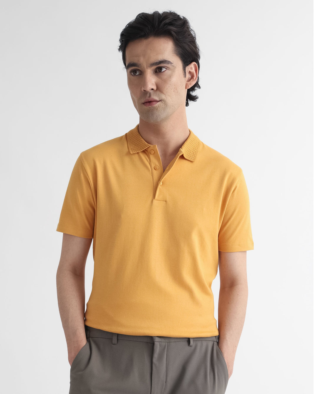 Rare Rabbit Men's Braidey Yellow Cotton Fabric Textured Collared Neck Half Sleeves Polo T-Shirt