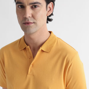 Rare Rabbit Men's Braidey Yellow Cotton Fabric Textured Collared Neck Half Sleeves Polo T-Shirt