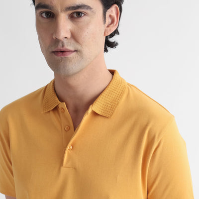 Rare Rabbit Men's Braidey Yellow Cotton Fabric Textured Collared Neck Half Sleeves Polo T-Shirt