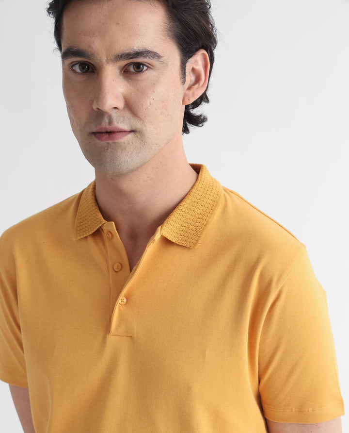 Rare Rabbit Men's Braidey Yellow Cotton Fabric Textured Collared Neck Half Sleeves Polo T-Shirt