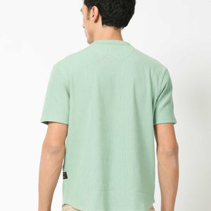 Rare Rabbit Men's Bree Dusky Green Crew Neck Ottoman Textured Drop Shoulder Half Sleeves Oversized Fit T-Shirt