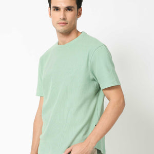 Rare Rabbit Men's Bree Dusky Green Crew Neck Ottoman Textured Drop Shoulder Half Sleeves Oversized Fit T-Shirt