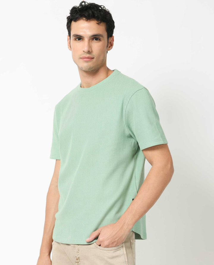 Rare Rabbit Men's Bree Dusky Green Crew Neck Ottoman Textured Drop Shoulder Half Sleeves Oversized Fit T-Shirt