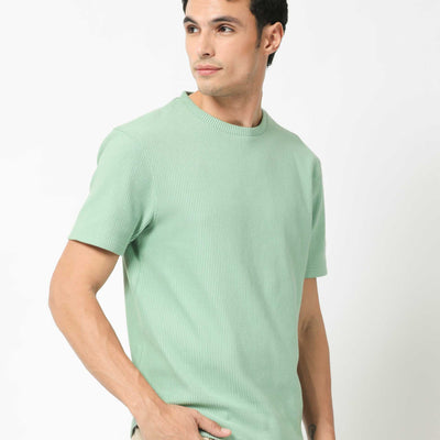 Rare Rabbit Men's Bree Dusky Green Crew Neck Ottoman Textured Drop Shoulder Half Sleeves Oversized Fit T-Shirt