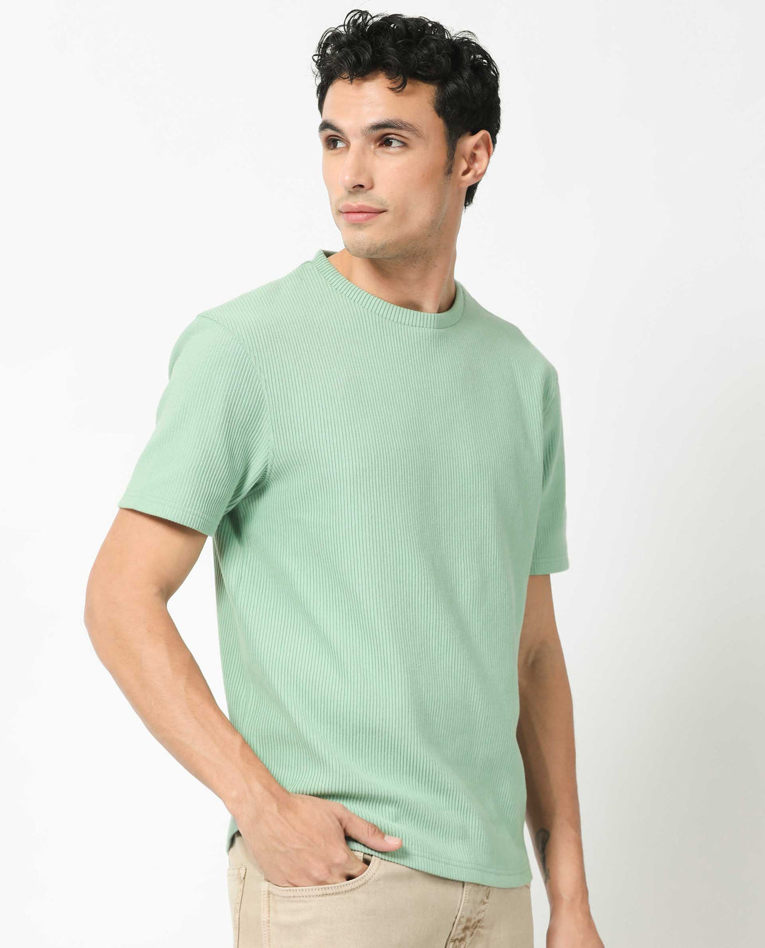 Rare Rabbit Men's Bree Dusky Green Crew Neck Ottoman Textured Drop Shoulder Half Sleeves Oversized Fit T-Shirt