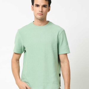 Rare Rabbit Men's Bree Dusky Green Crew Neck Ottoman Textured Drop Shoulder Half Sleeves Oversized Fit T-Shirt