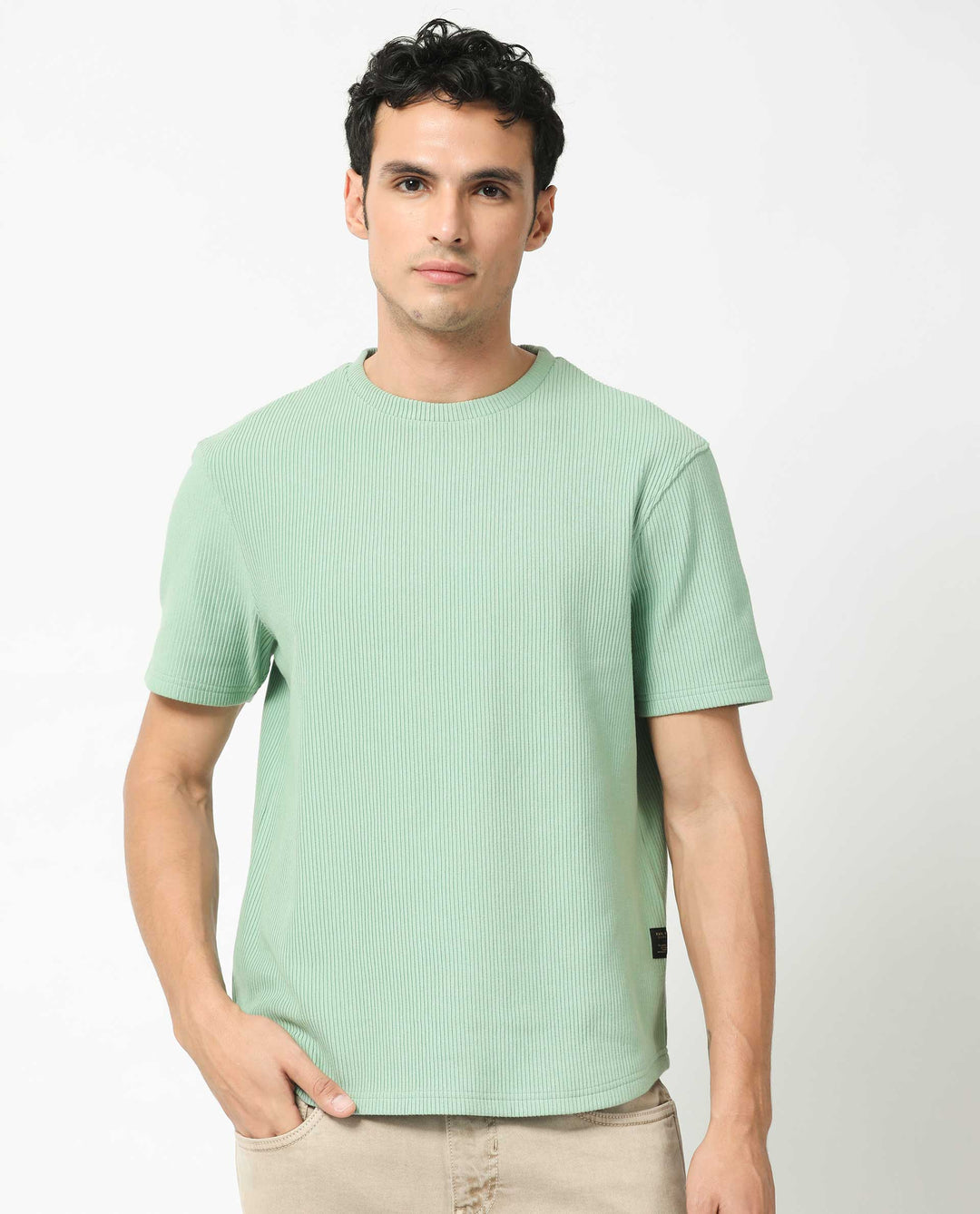 Rare Rabbit Men's Bree Dusky Green Crew Neck Ottoman Textured Drop Shoulder Half Sleeves Oversized Fit T-Shirt