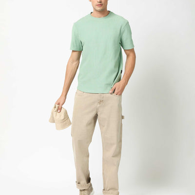 Rare Rabbit Men's Bree Dusky Green Crew Neck Ottoman Textured Drop Shoulder Half Sleeves Oversized Fit T-Shirt