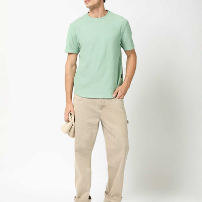 Rare Rabbit Men's Bree Dusky Green Crew Neck Ottoman Textured Drop Shoulder Half Sleeves Oversized Fit T-Shirt