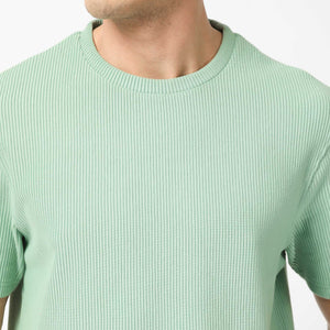 Rare Rabbit Men's Bree Dusky Green Crew Neck Ottoman Textured Drop Shoulder Half Sleeves Oversized Fit T-Shirt