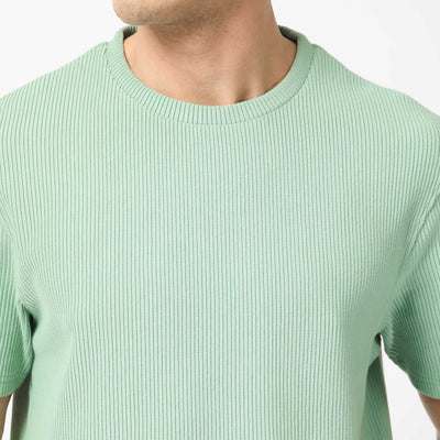 Rare Rabbit Men's Bree Dusky Green Crew Neck Ottoman Textured Drop Shoulder Half Sleeves Oversized Fit T-Shirt