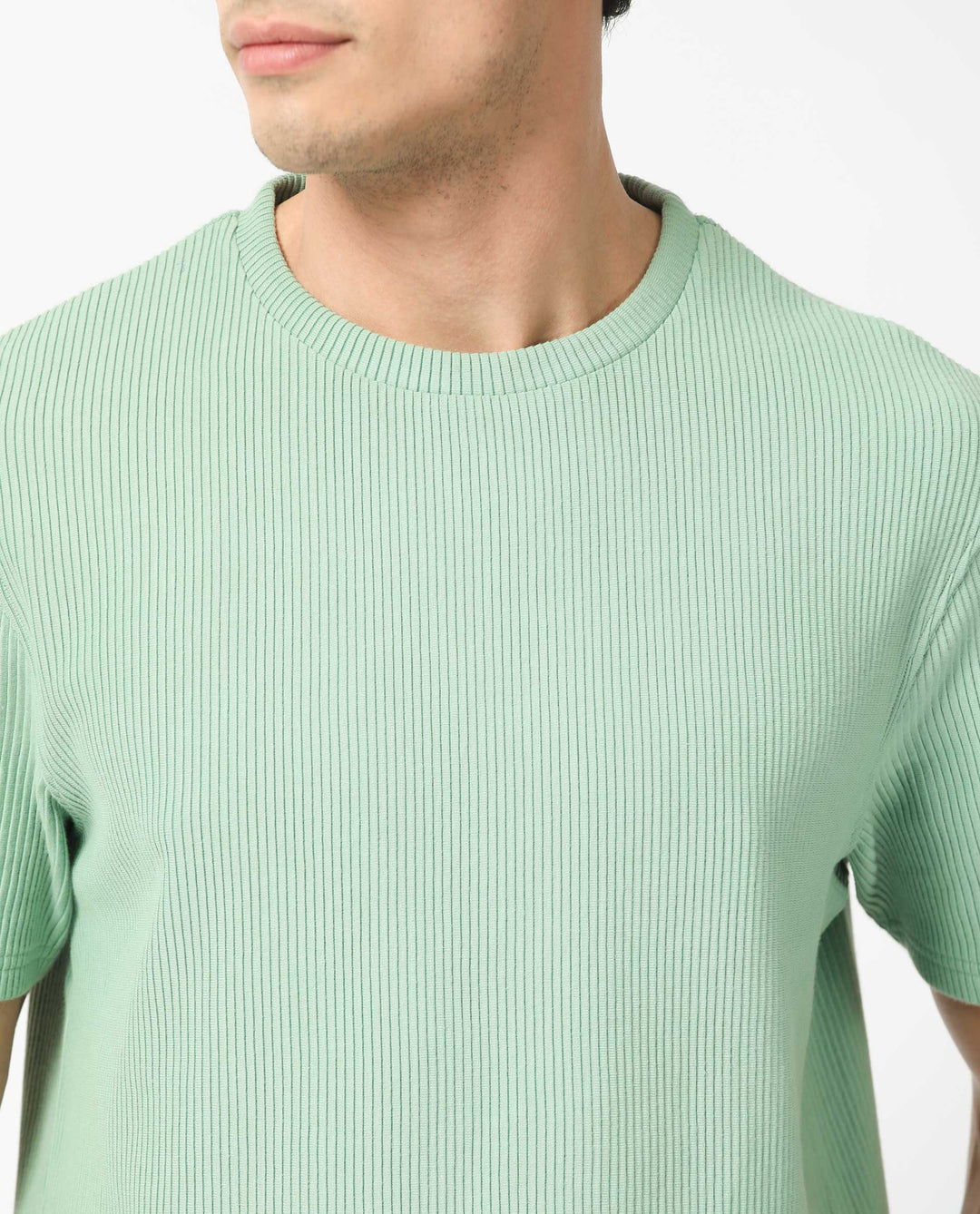 Rare Rabbit Men's Bree Dusky Green Crew Neck Ottoman Textured Drop Shoulder Half Sleeves Oversized Fit T-Shirt