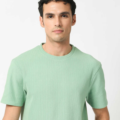 Rare Rabbit Men's Bree Dusky Green Crew Neck Ottoman Textured Drop Shoulder Half Sleeves Oversized Fit T-Shirt