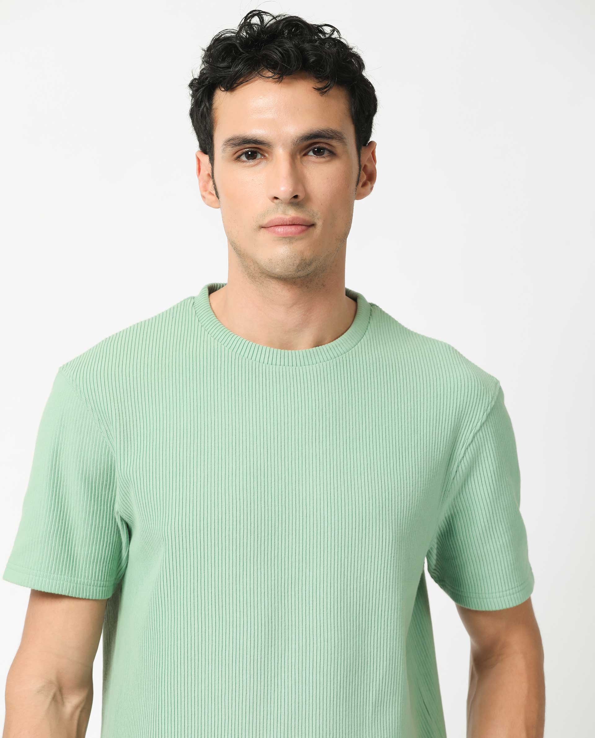 Rare Rabbit Men's Bree Dusky Green Crew Neck Ottoman Textured Drop Shoulder Half Sleeves Oversized Fit T-Shirt
