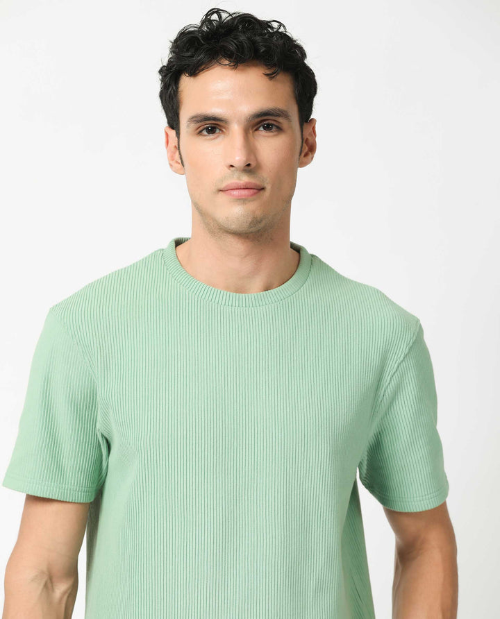 Rare Rabbit Men's Bree Dusky Green Crew Neck Ottoman Textured Drop Shoulder Half Sleeves Oversized Fit T-Shirt