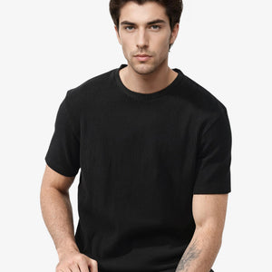 Rare Rabbit Men's Bree Black Crew Neck Ottoman Textured Drop Shoulder Half Sleeves Oversized Fit T-Shirt