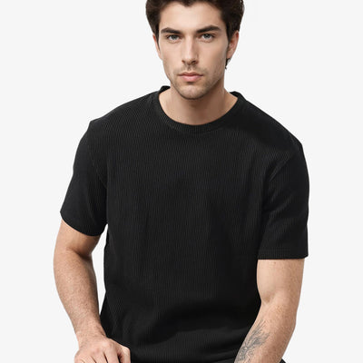 Rare Rabbit Men's Bree Black Crew Neck Ottoman Textured Drop Shoulder Half Sleeves Oversized Fit T-Shirt