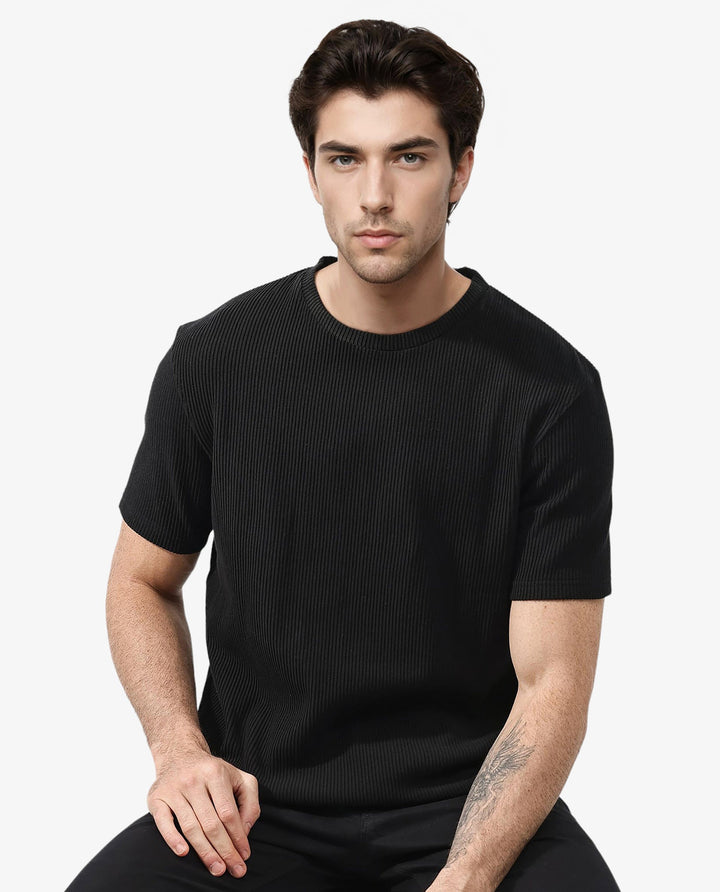 Rare Rabbit Men's Bree Black Crew Neck Ottoman Textured Drop Shoulder Half Sleeves Oversized Fit T-Shirt