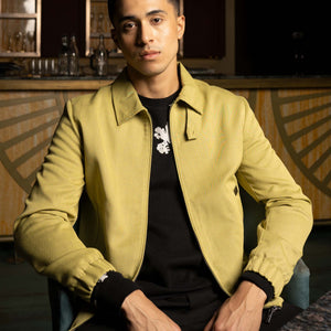 Rare Rabbit Men'S Bric Yellow Jacket Polyester Viscose Fabric Collared Neck Full Sleeves Zipper Closure Slim Fit