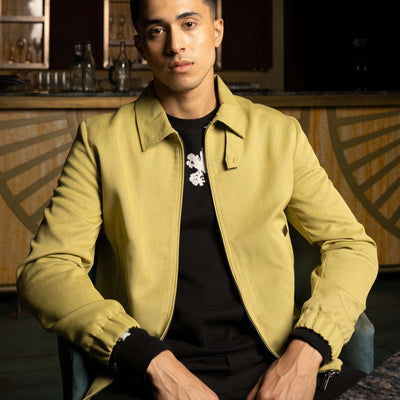 Rare Rabbit Men'S Bric Yellow Jacket Polyester Viscose Fabric Collared Neck Full Sleeves Zipper Closure Slim Fit