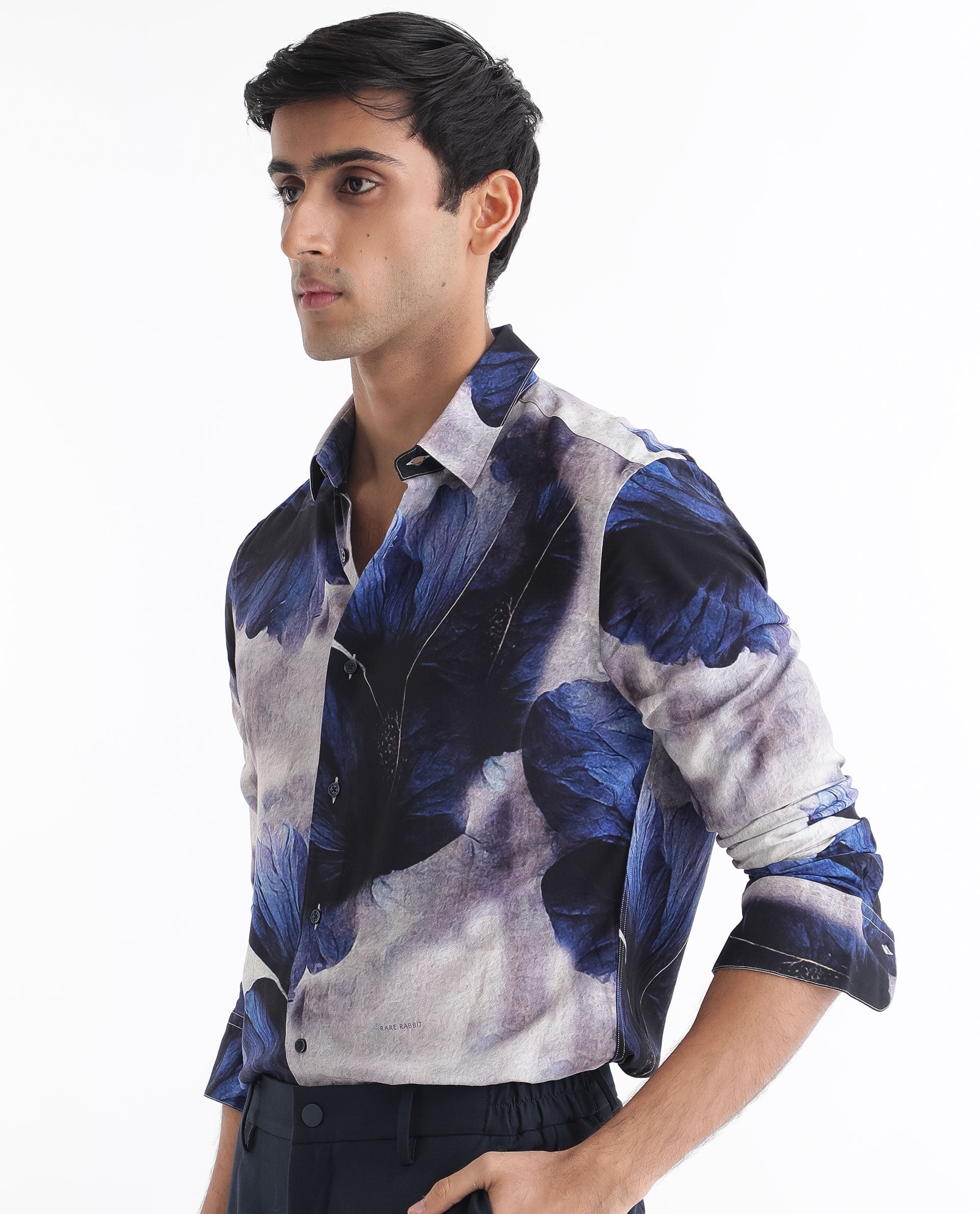 Rare Rabbit Men's Brims Purple Viscose Fabric Floral Print Full Sleeves Shirt