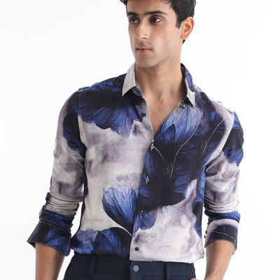 Rare Rabbit Men's Brims Purple Viscose Fabric Floral Print Full Sleeves Shirt