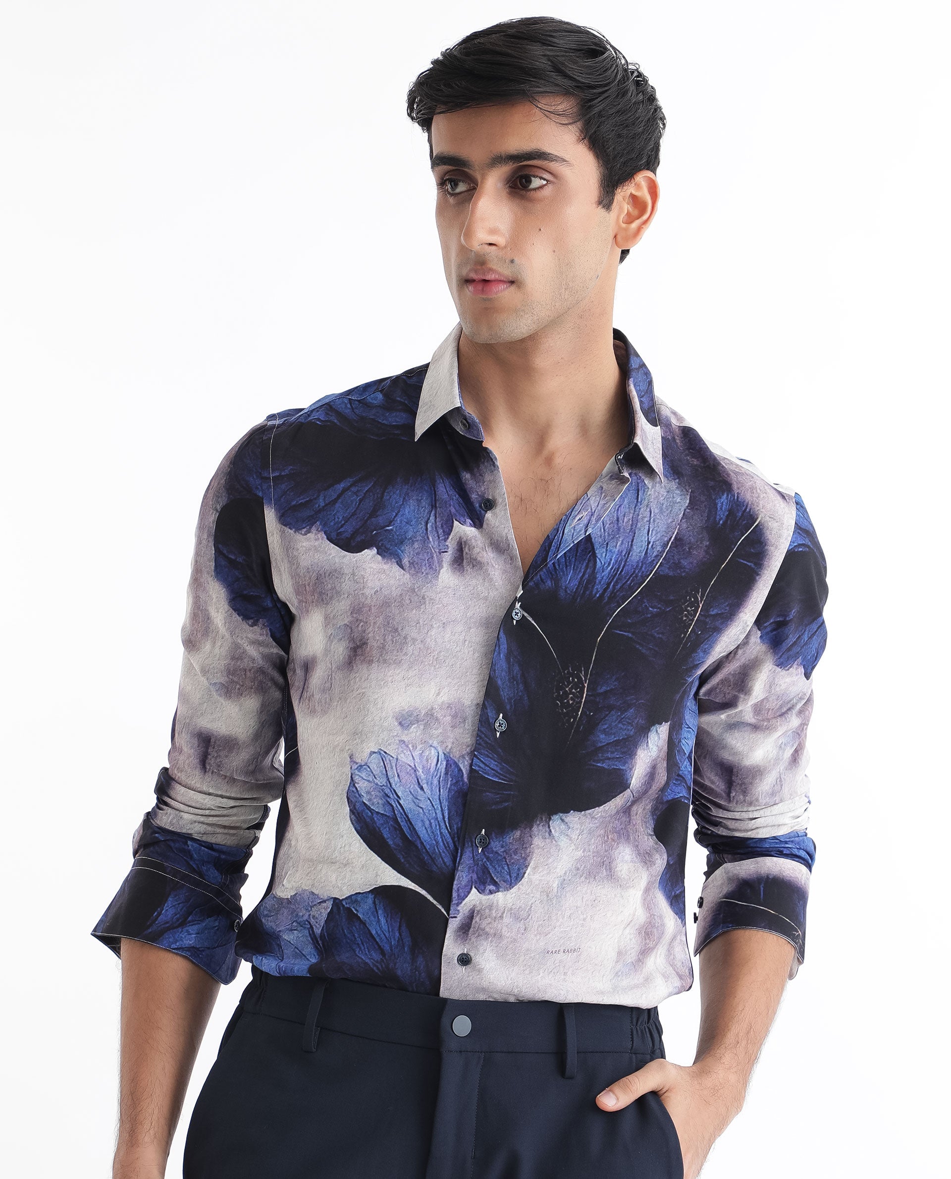Rare Rabbit Men's Brims Purple Viscose Fabric Floral Print Full Sleeves Shirt