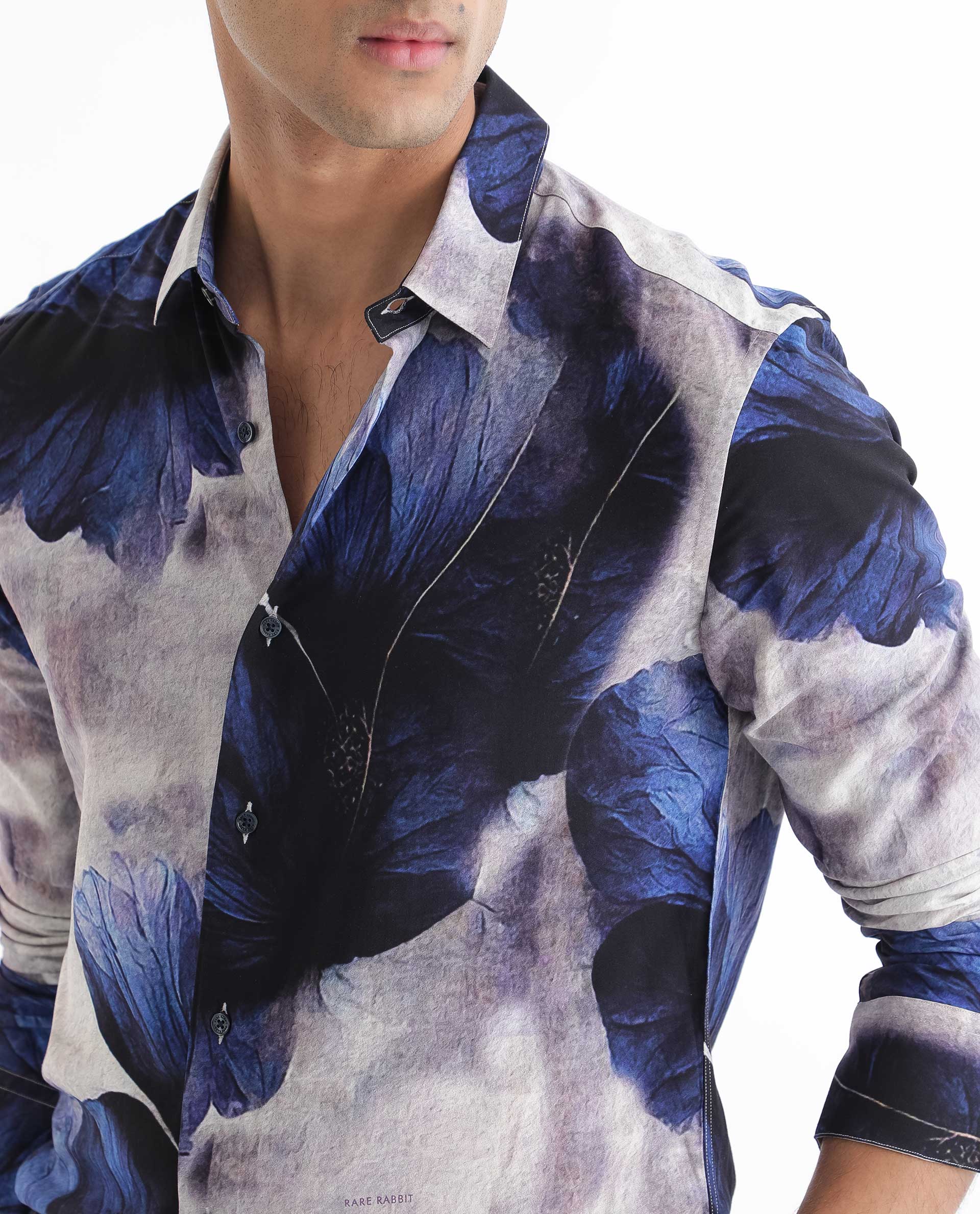 Rare Rabbit Men's Brims Purple Viscose Fabric Floral Print Full Sleeves Shirt
