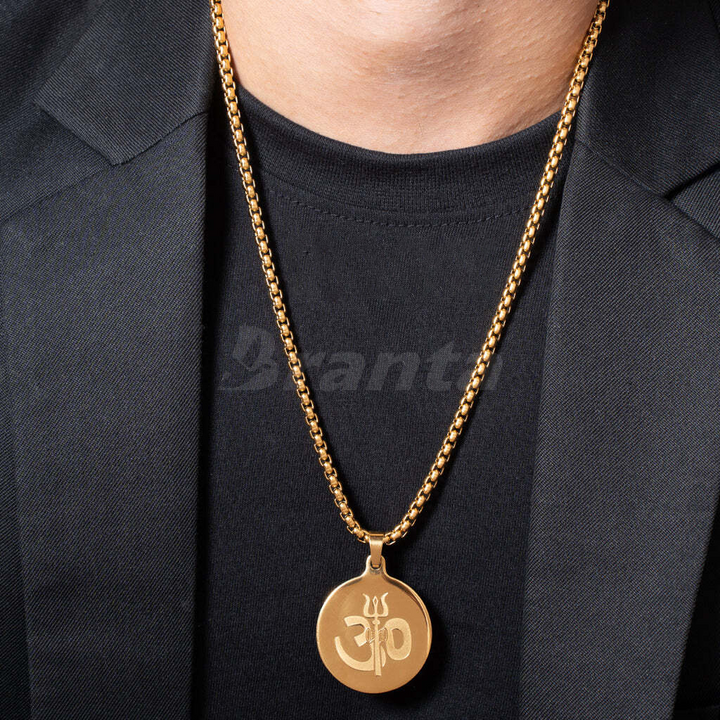 Om Trishul Pendant Gold Stainless Steel Necklace Chain For Men (24 Inch)