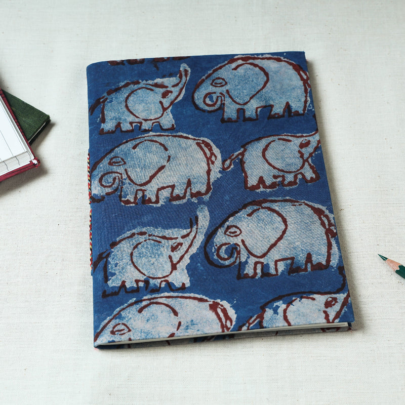 Blue - Art Block Print Fabric Cover Handmade Paper Notebook (9 x 7 in)
