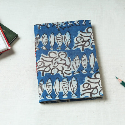 Blue - Art Block Print Fabric Cover Handmade Paper Notebook (7 x 5 in)