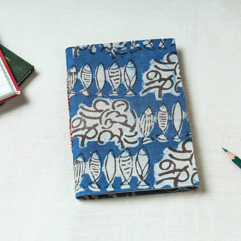 Blue - Art Block Print Fabric Cover Handmade Paper Notebook (7 x 5 in)