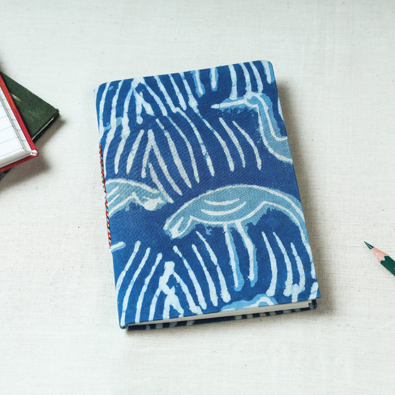 Blue - Art Block Print Fabric Cover Handmade Paper Notebook (7 x 5 in)